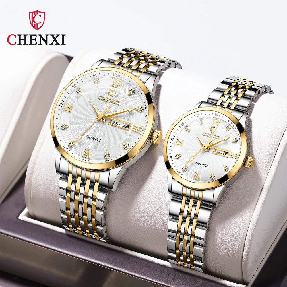 New Couple Watch CHENXI Stainless Steel Watch For Men Business Waterproof Watches Women With Week Calendar His Hers Watch Sets