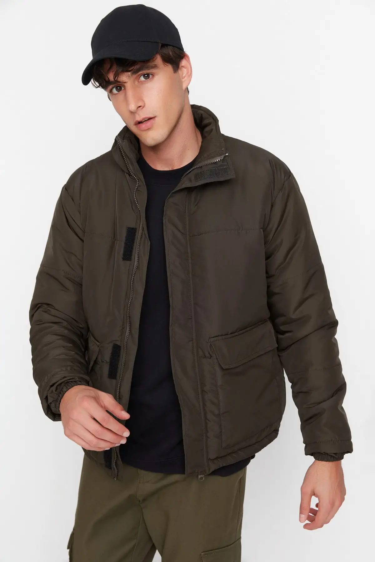 Dark Khaki Men's Stand Up Collar Double Covered Pocketed Inflatable Windproof Jacket TMNAW22MO0090