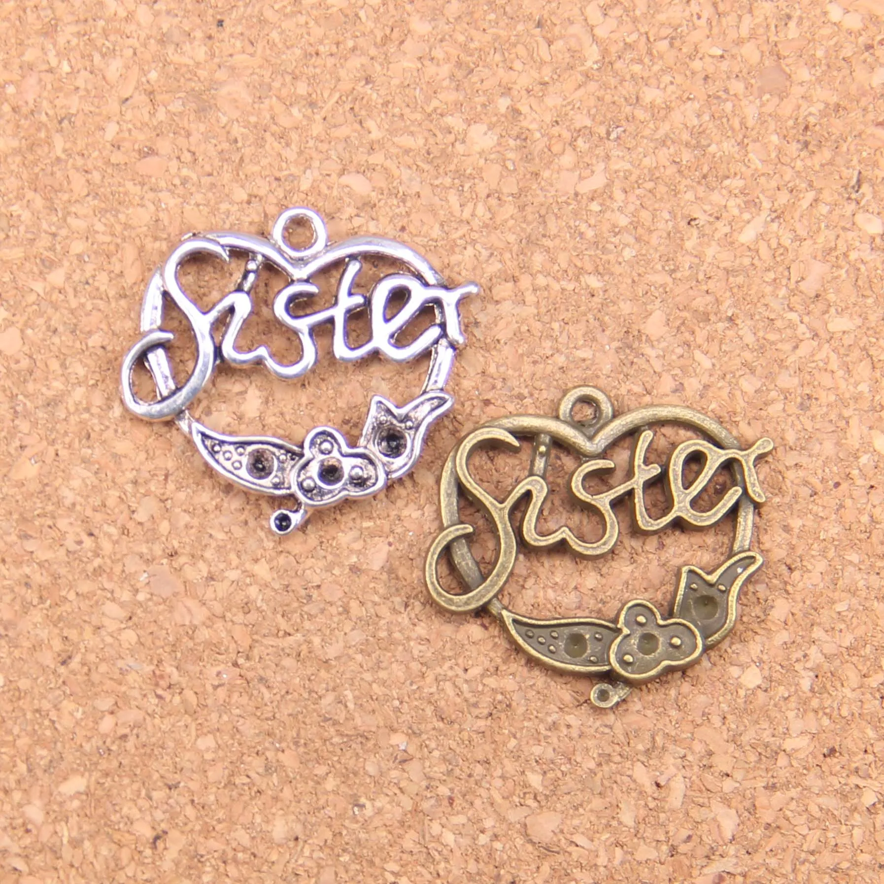 

62pcs Charms Heart Sister Flower 24x24mm Antique Pendants,Vintage Tibetan Silver Jewelry,DIY For Bracelet Necklace