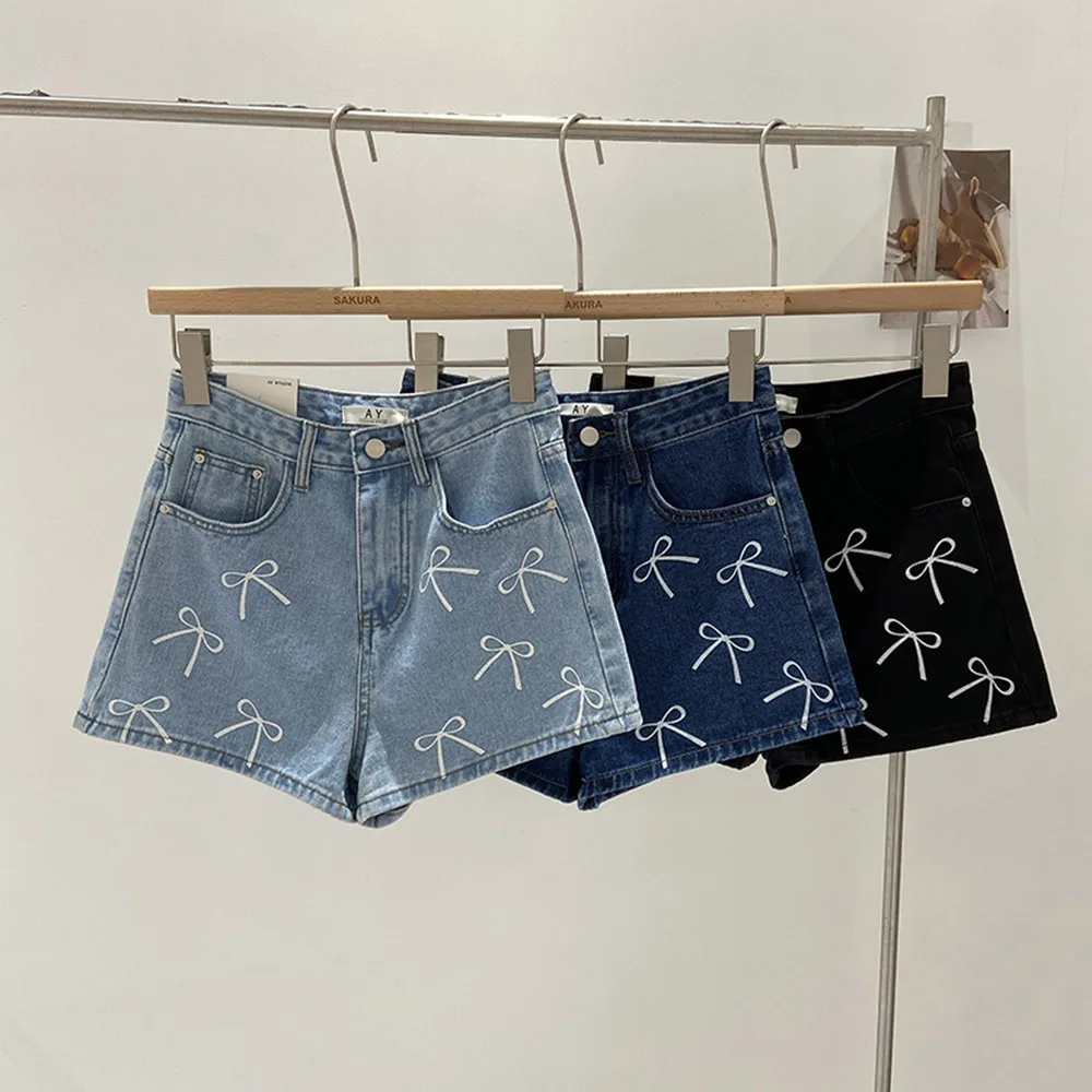 Милые джинсовые шорты в Корейском стиле с бантом и принтом облегающие голубые