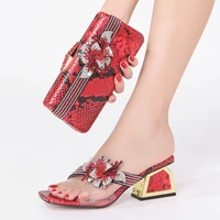 Summer and Autumn Snake Pattern Rhinestone Flower Fashion Transparent Ladies chunky-High Heel Slippers and Sweet Crystal Handbag