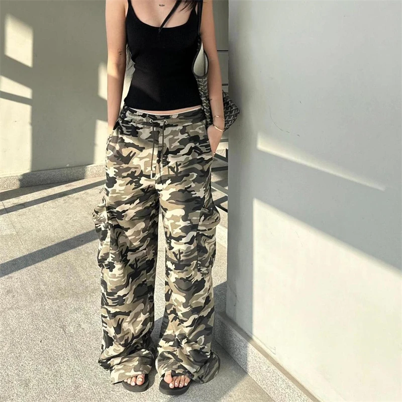 wa damska luźna szeroka nogawka spodnie kamuflażowe młoda dziewczyna letnie unisex kobiece cienkie z wysokim stanem