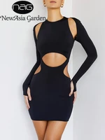 newasia long sleeve women dresses cut out two layer elastic bag hip bodycon short dress spring casual sexy street black vestidos