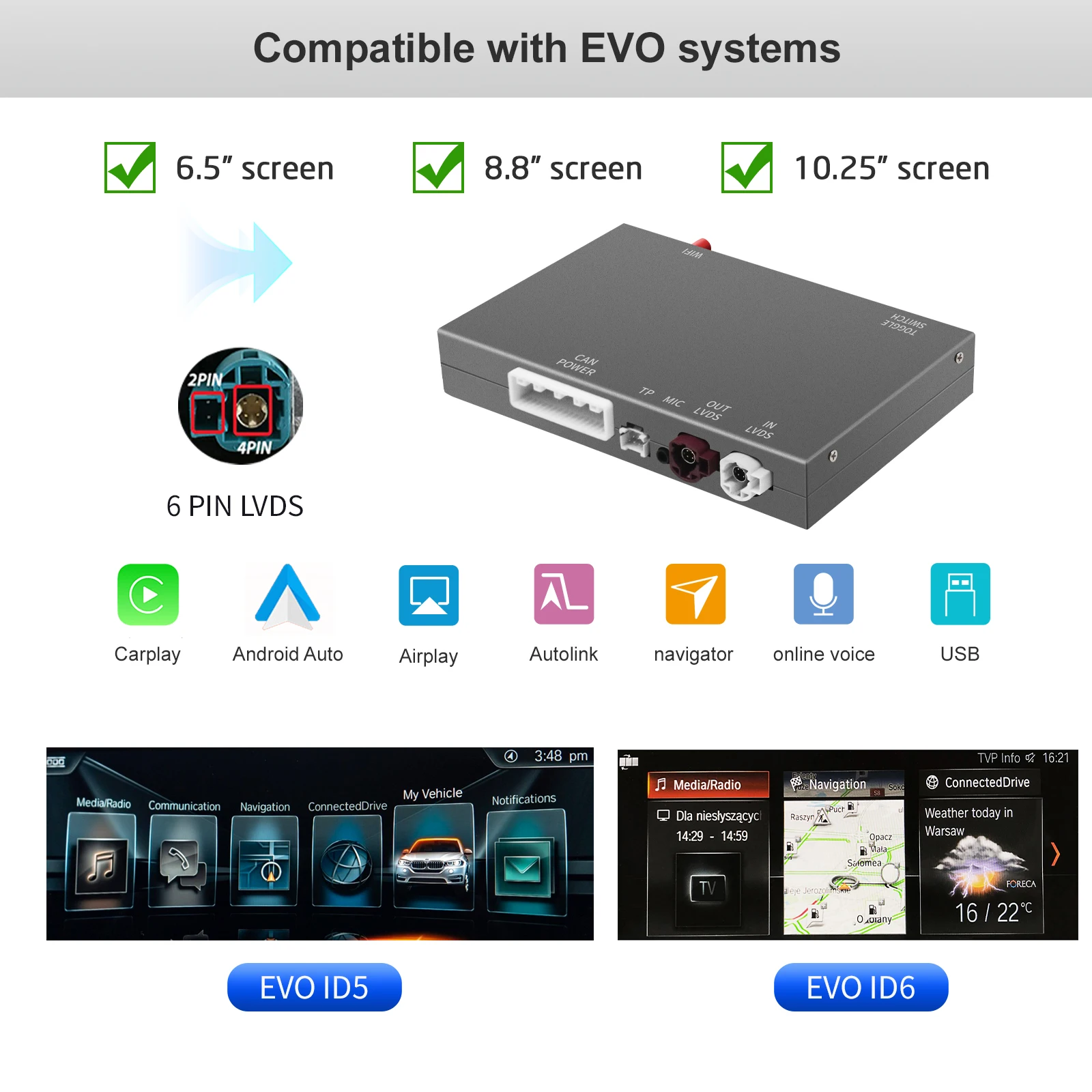 

Для BMW X5 X6 F15 F16 F85 F86 F70 E71 E72 G05 G06 NBT CIC EVO Беспроводная поддержка CarPlay для Android Auto AirPlay зеркаль...