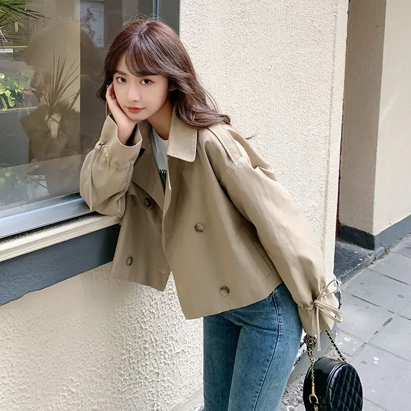 Cropped Trench Women Coats Elegant Baggy Temper S-3XL Vintage Notched Double Breasted Windproof Long Sleeve Spring Kpop Fashion images - 6