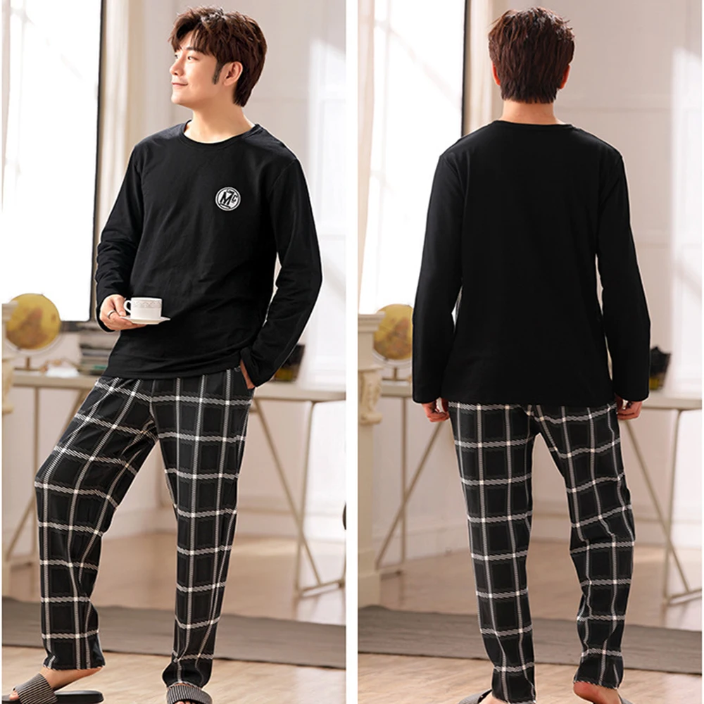 QUHENG Autumn Winter Men Pajamas Set Cotton Print Sleepwear Night Suit Casual Long Sleeve Plaid Pants Pyjamas Plus Size Homewear