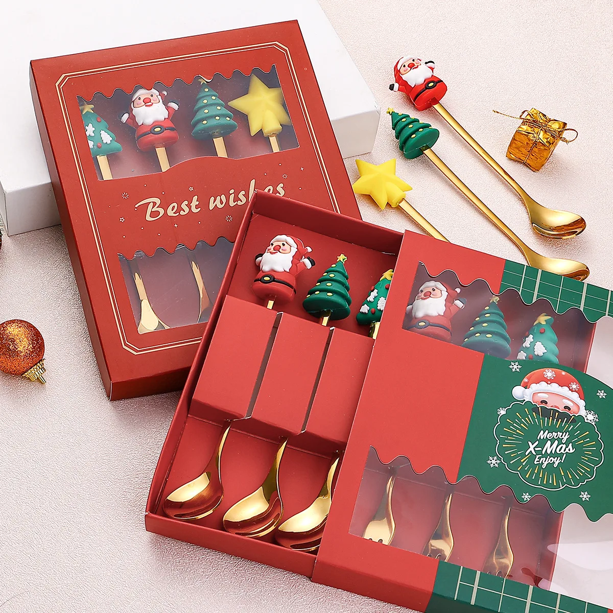 4 Christmas PVC Doll 410 and 304 Stainless Steel Spoon Tableware Set Dessert Coffee Spoon Fruit Fork Christmas Tree Gift Box