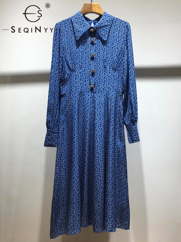 

SEQINYY Blue Shirt Dress Summer Spring New Fashion Design Women Runway Bead Button High Street Vintage Flower Print 65% Cotton