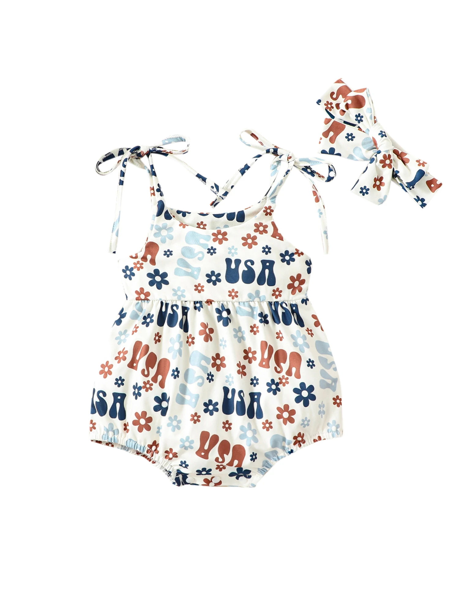 

Independence Day Infant Girls Romper Flower Letter Print Tie-Up Strap Sling Jumpsuits Summer Bodysuits with Headband