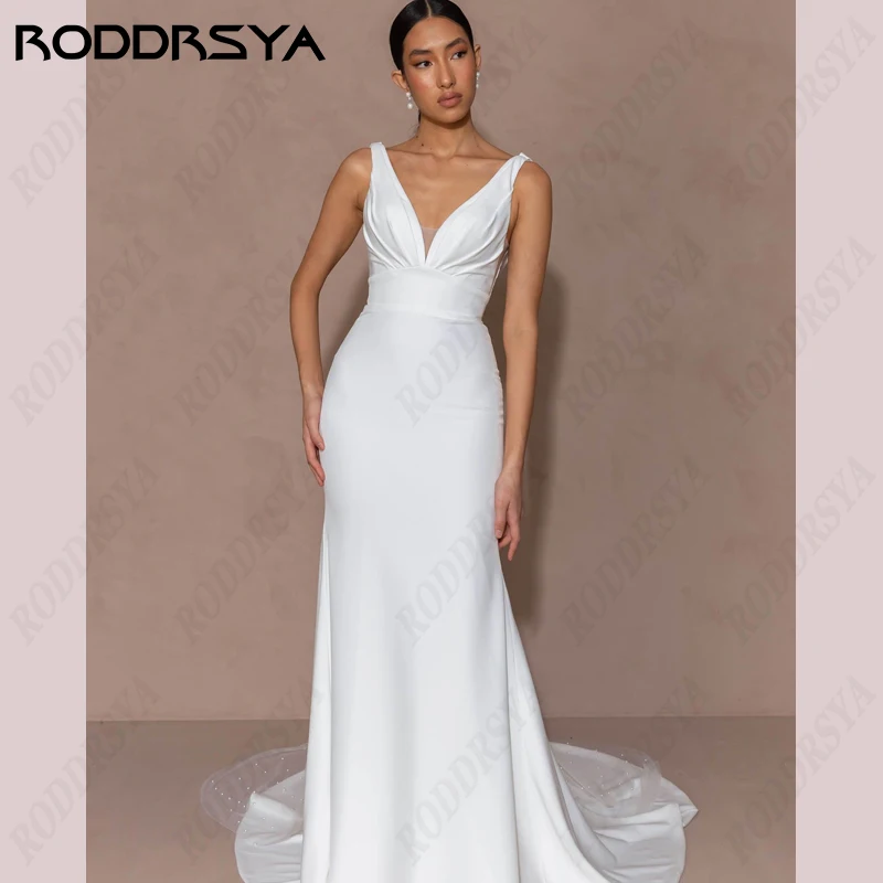 

RODDRSYA Soft Satin Mermaid Wedding Dress For Women Pearl Beach Bride Party Sexy V-Neck Backless Sleeveless Vestidos De Novia