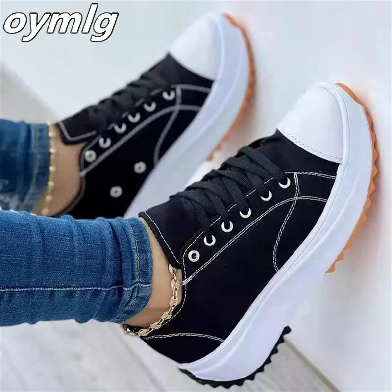 

2022 Spring and Autumn New Canvas Shoes Lace Up Thick Bottom Large Size Muffin Bottom Low Top Comfortable Casual Shoes