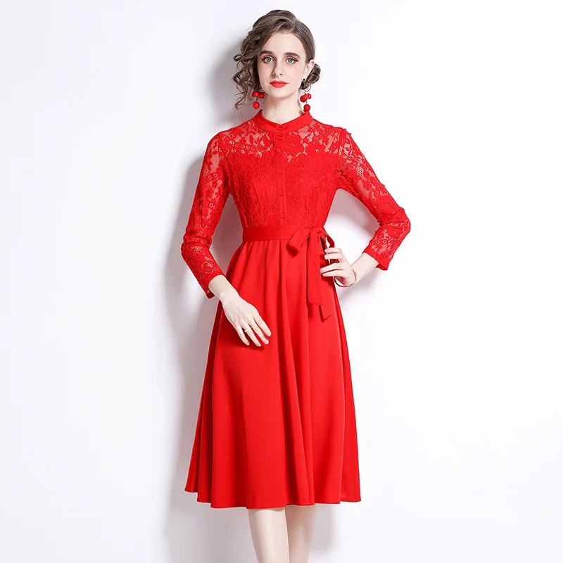 

Simgent Red Lace Dress Woman 2022 Fashion New Arrivals Sprung Long Sleeve Stand Collar Elegant Patchwork Dresses SG221411