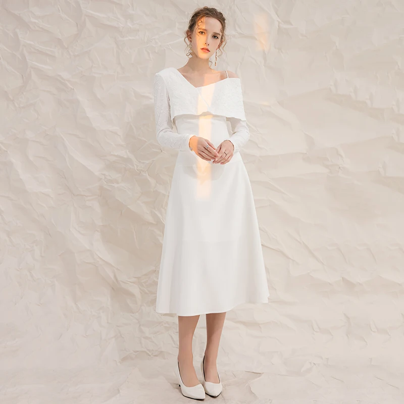 YIGELILA Women Retro Fashion White Dress Elegant V-neck One-shoulder Jacquard Dress Empire Slim A-line Dress Mid-length 67070
