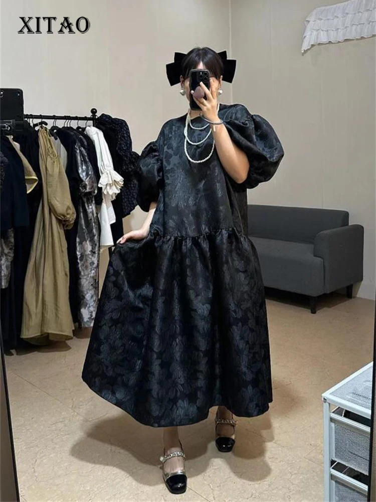 

XITAO, черное винтажное жаккардовое платье, модное, со складками, с пышными рукавами, с большим подолом, женское, летнее, новое, милое, пышное платье, WLD16712