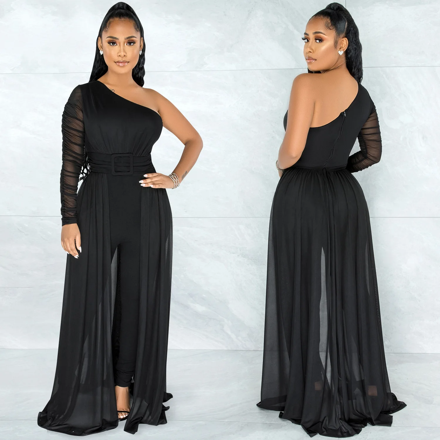 

Clothing 2022 Mesh Patchwork Off-Shoulder Dresss Style High Waist Jumpsuit for Women One Sleeve Party Club Sexy Playsuit