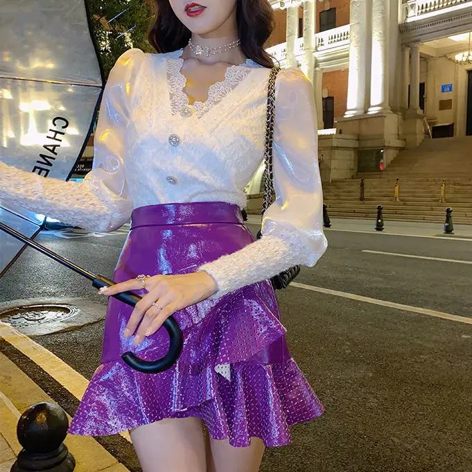 

2023 Women's Spring Autumn New Suits Female Lace Stitching Blouse Tops and High Waist Mini Skirts Ladies Two Piece Sets C159