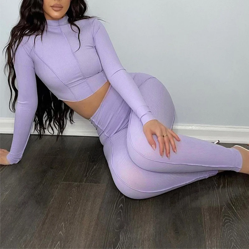 

Skinny 2021 Autumn Outfits Sexy Long Sleeve Crop Tops Pants Suits Women's Two Pieces Sets Winter Purple Bodycon Sportsuit G3267