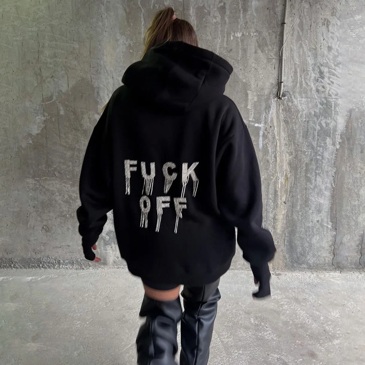 

Harajuku Rhinestone Tassels Hooded Hoodies Women Long-sleeved Hem Cut Loose Women Sweatshirt