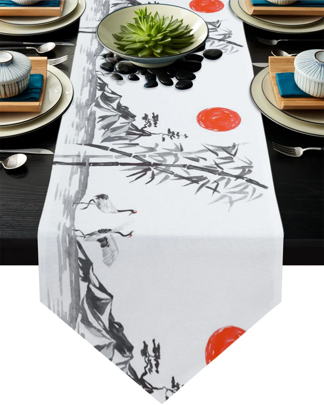 

Chinese Style Painting Crane Bamboo Sun Mountain Tree Table Runners Wedding Dinning Table Decor Kitchen Table Runner Tablecloth