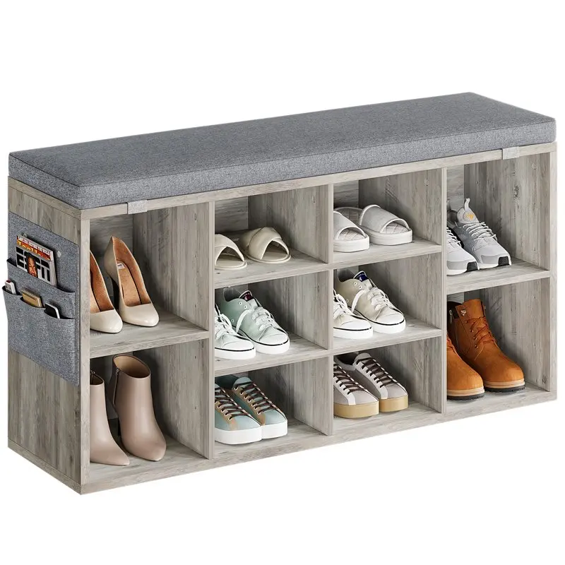 

Shoe Storage Bench Entryway Shoe Rack Bench with Cushion Seat, 10 Compartments Shoe Organizer for Hallway, Bedroom, Grey