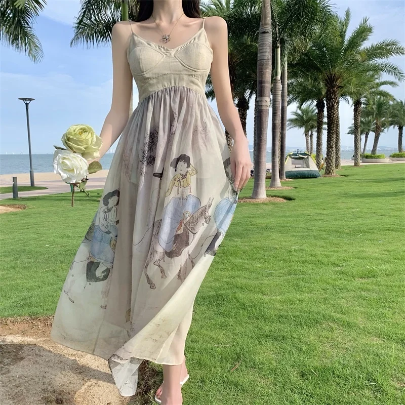 

Sling dress female summer French vacation retro style long slim waist dresses print cartoon women beach wear dresses