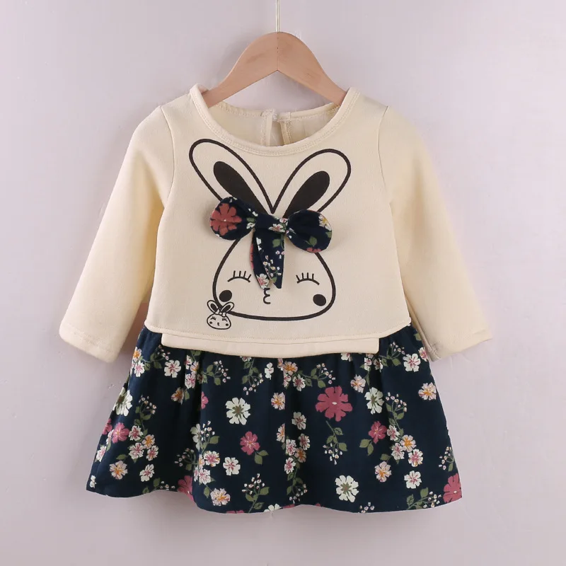 

2023 Autumn & Winter Little Girls Daily Dress Kids Girl Korean Fashion Cartoon Rabbit Printed Patchwork Dresses Children Outfit