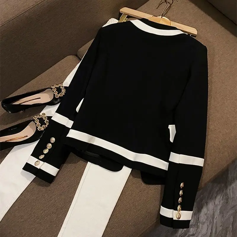 black and white color contrast suit women's early autumn new high grade light luxury metal breasted  small fragrant coat