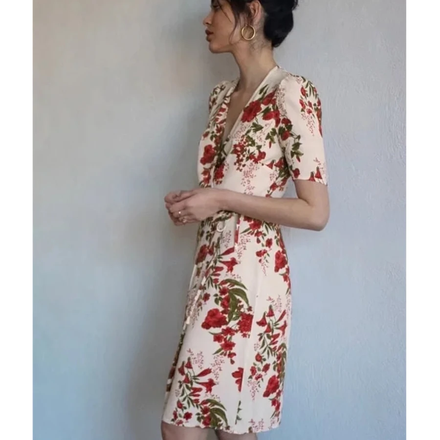 

Withered 2023 France Style Romantic Floral Print V-neck Sexy Party Summer Dress Elegant Collect Waist Fashion Mini Dress Women