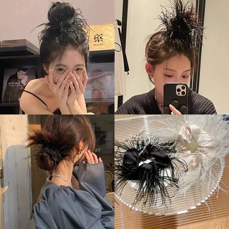 

Imitation Ostrich Feather Scrunchies Hair Band Women Girl Elastic Satin Hair Tie Ring Furry Bracelet Ponytail Holder Head Hoop
