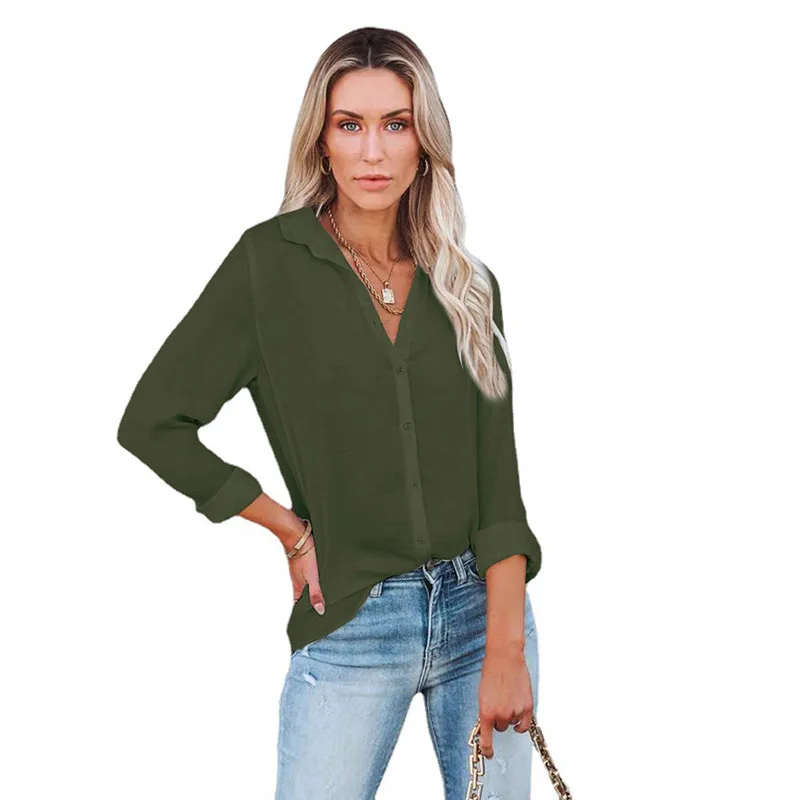 Women's 2022 Fall/Winter Casual Loose Long Sleeve Buttoned V-Neck Solid Office Lady Shirt Top Camisas De Mujer