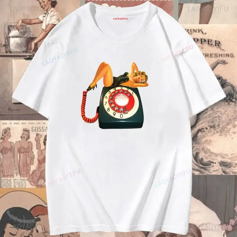 Фото Retro Ride Car Pin-up Girls Graphic T Shirts Summer Beach Heat Coconut Trees Woman Vintage Cotton T-shirt Man Outdoors Tops Tee №4