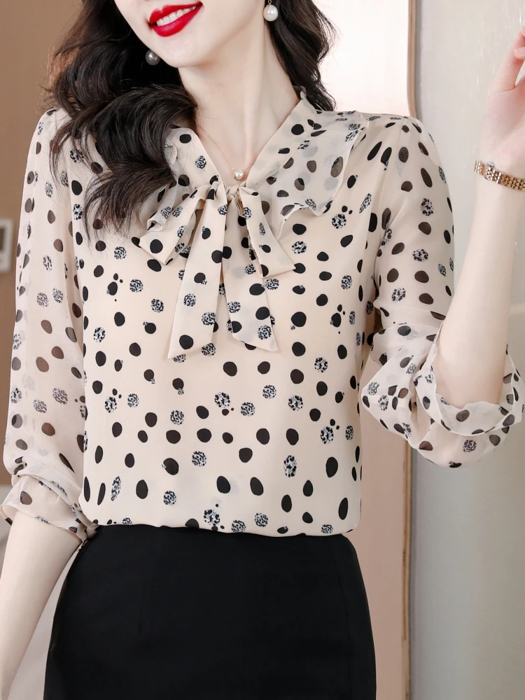 Шифоновые рубашки с длинными рукавами в горошек женская осенняя одежда 2024 новый