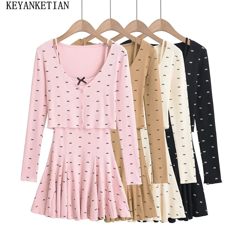 KEYANKETIAN новинка 2024 года женское трикотажное платье-топ с бантом и лямкой на шее в