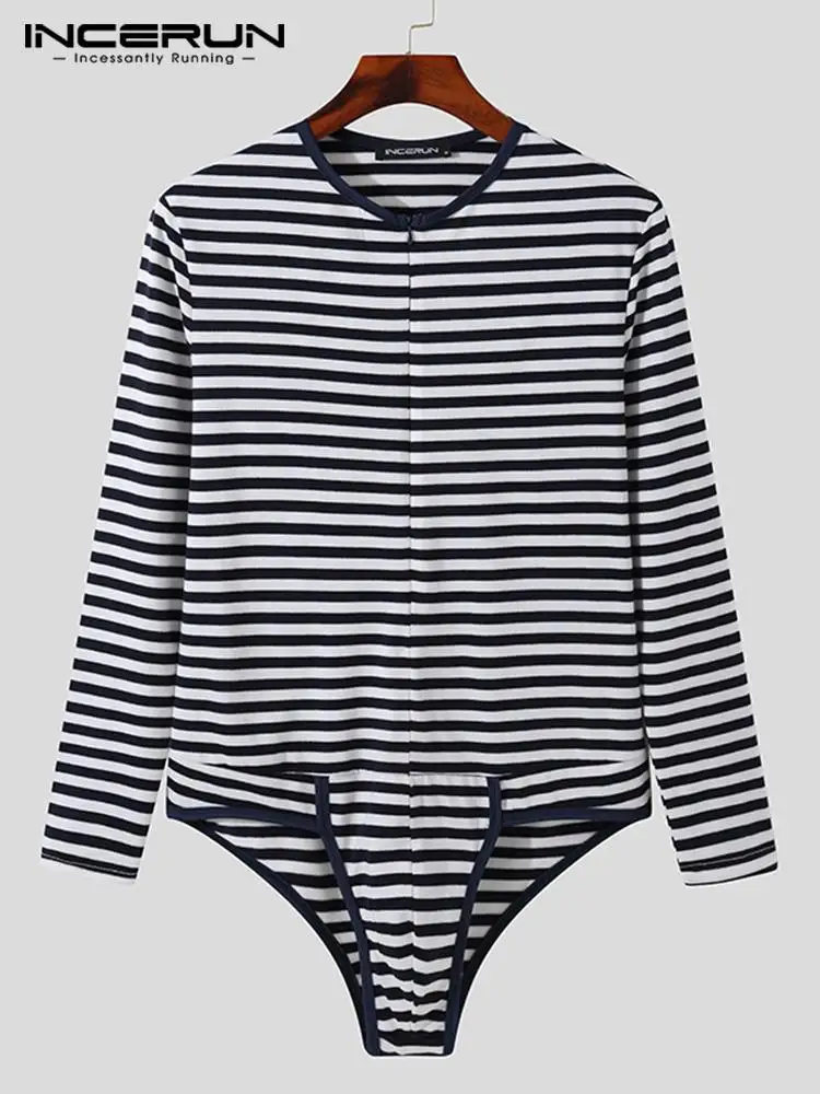 INCERUN Comfortable Homewear New Men's Sexy Striped Onesies Zipper Male All-match Simple Rompers Long Sleeve Jumpsuit S-5XL 2023