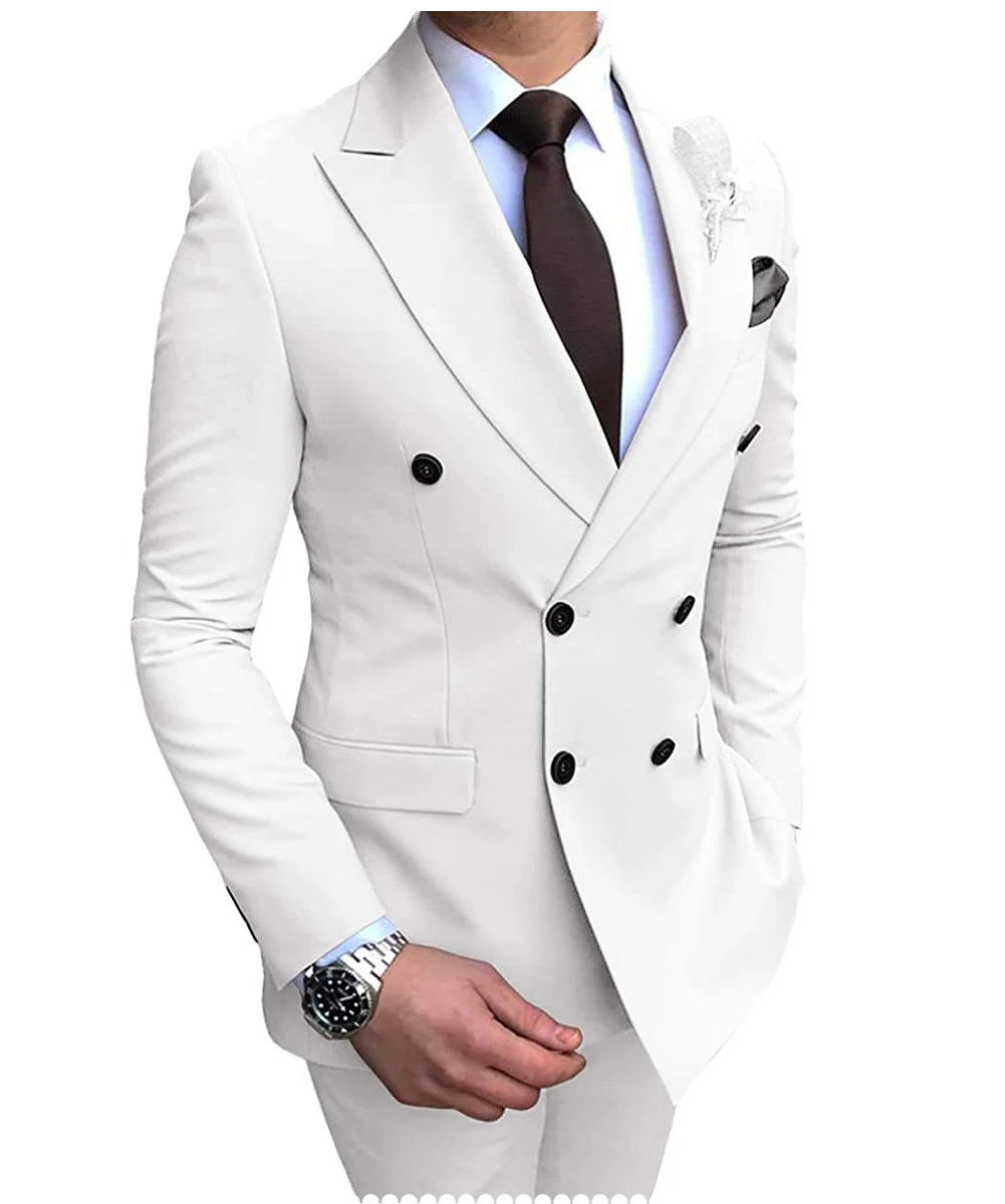 2022 New Beige Men's Suit 2 Pieces Double-Breasted Notch Lapel Flat Slim Fit Casual Tuxedos For Wedding(Blazer+Pants)