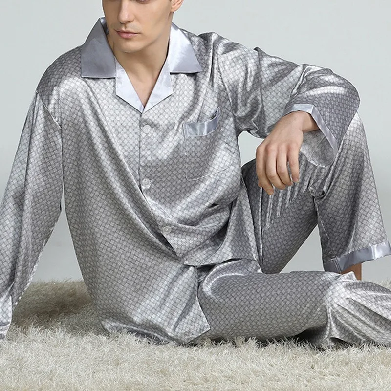 Puimentiua Spring Men Sleepwear Long Sleeve Satin Pajama Sets For Men Sleepwear Suit Homewear Home Clothes Pyjamas Lounge Summer