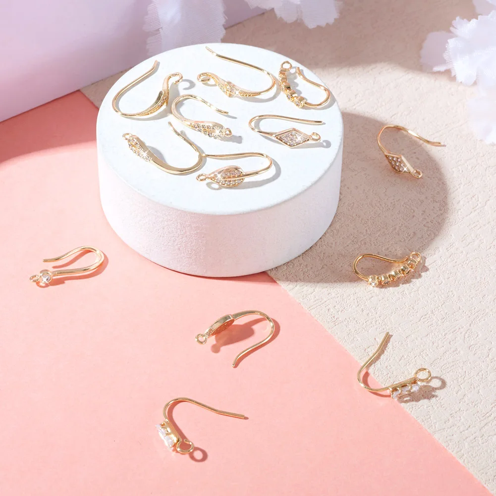 8 Pairs Brass Micro Pave Cubic Zirconia Earring Hooks Rhombus Teardrop Lighting Real 14K Gold Plated for Jewelry Making DIY