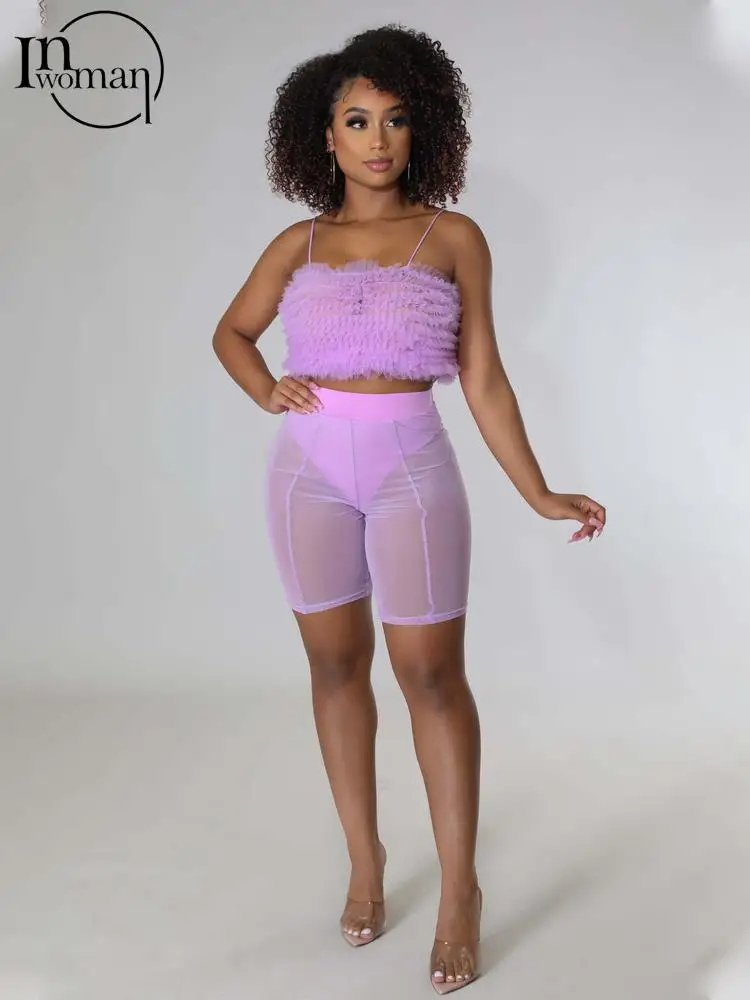

Inwoman Summer Sexy Two 2 Piece Set Women Outfits 2022 Spaghetti Strap Crop Tops See Through Mesh Shorts Matching Sets Female