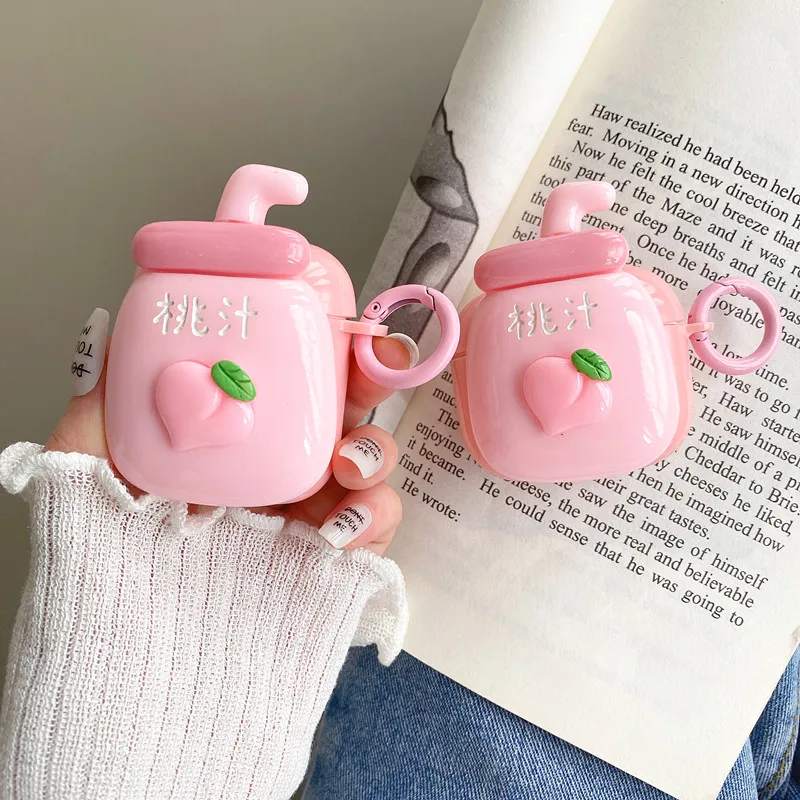 

Cute Cartoon Peach Straw Drink Bottle for 2021 New Airpods 3rd Earphone Cover for AirPods 1 2 Pro Case with Hook fit for girl