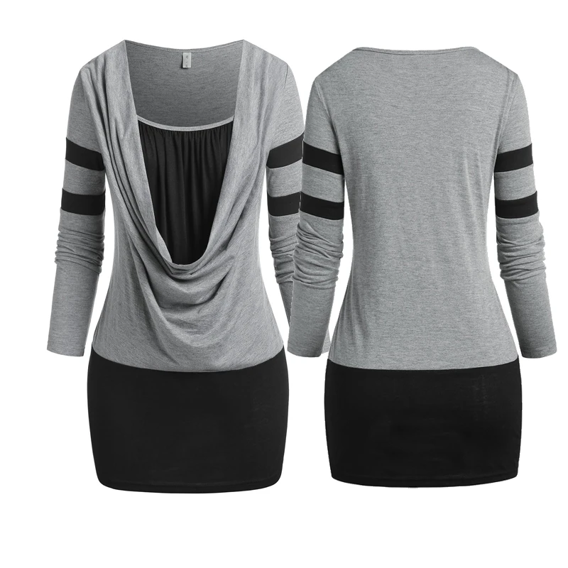 

Women's CowL Neck Long Sleeve Asymmetric Wrap Pullover 2 in 1 T Shirt Wave Cut Tank Blouse Tee Tshirt Top
