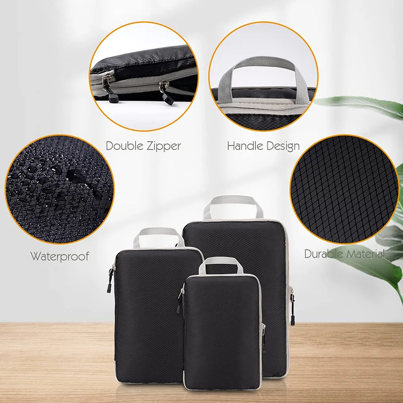 3 Pcs Travel Packing Cubes Compressible Foldable Waterproof Storage Bag Travel Suitcase Nylon Portable Handbag Luggage Organizer