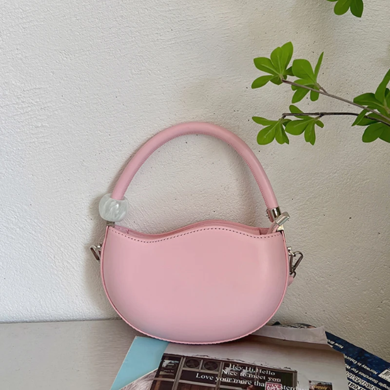 

Fashion Designer Women Small Shoulder Bag PU Leather Ladies Round Crossbody Bags Candy Color Female Beaded Handle Handbags