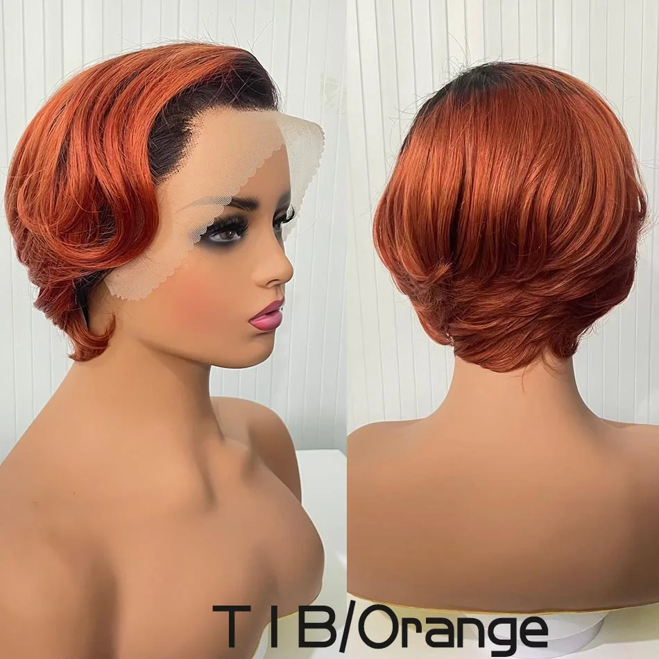 

DreamDiana 100% Human Hair Pixie Cut Glueless13x4 Lace Frontal Wigs Dark Root Orange 8" Remy Ombre Short Bob Lace Wig For Summer