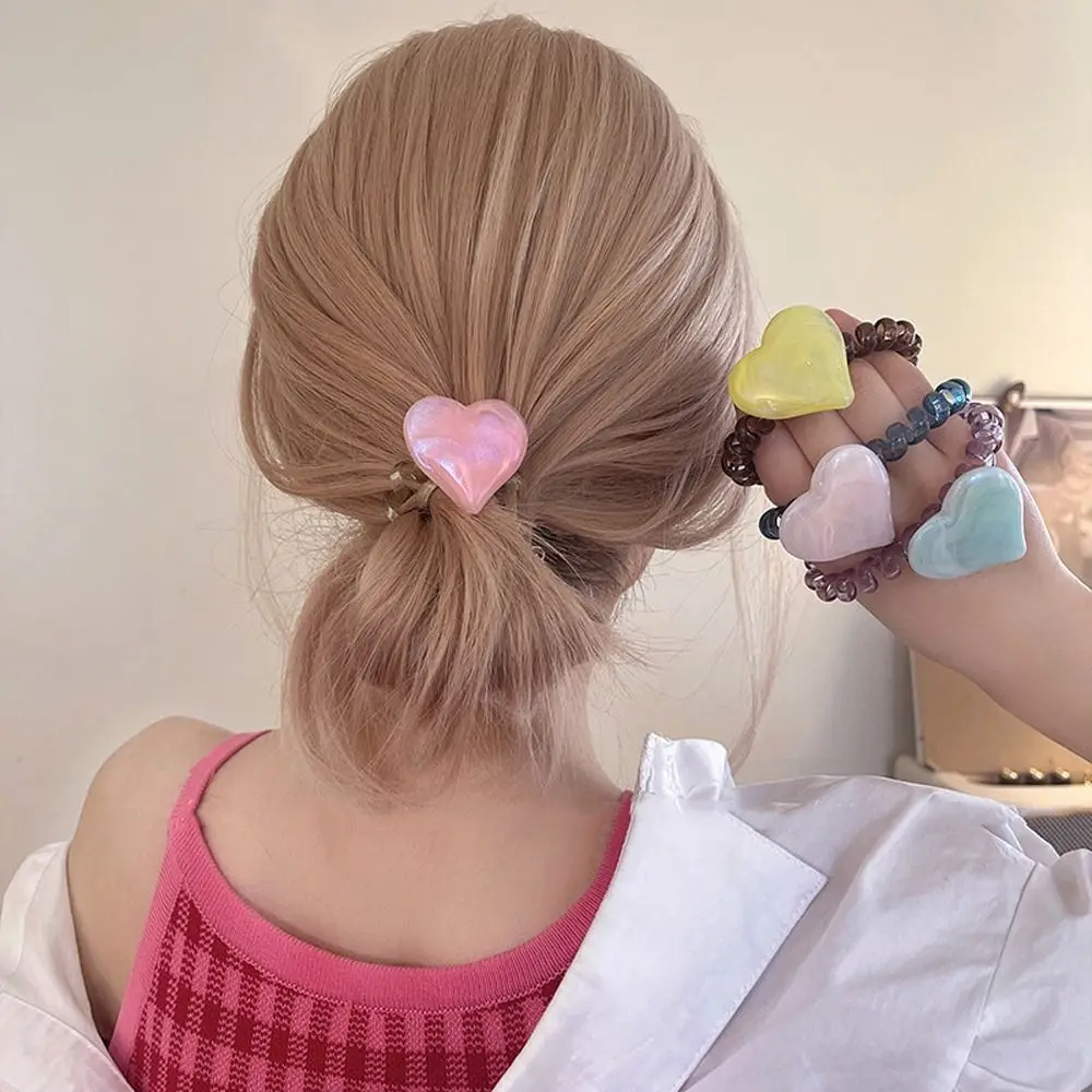 

Korean Elastic Shiny Heart Scrunchies Women Telephone Line Hair Band Love Hair Ties High Horsetail Hair Rope Hair Accessories
