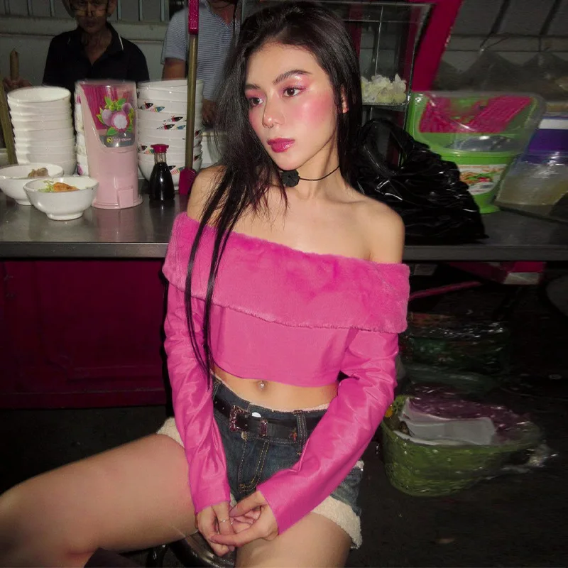 

Velvet Patchwork Solid Slim Crop Top Women Autumn 2023 Sexy Off Shoulder Long Sleeve Chest Wrap Short T Shirts Casual Streetwear