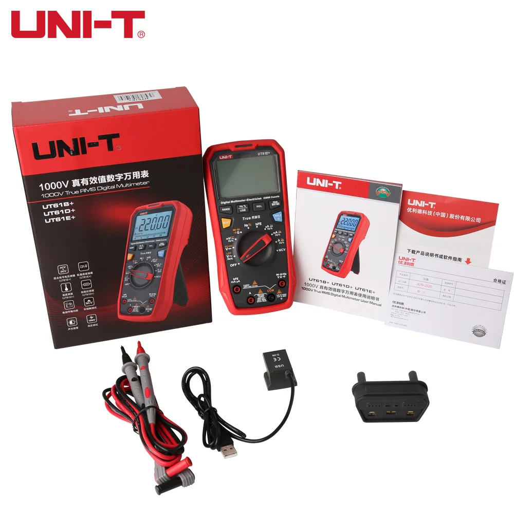 Цифровой мультиметр UNI-T UT61E+ T-RMS с автоматическим диапазоном, настоящим эффективным значением, таблицей 22000 цифр и тестером большой емкости 220 мФ.