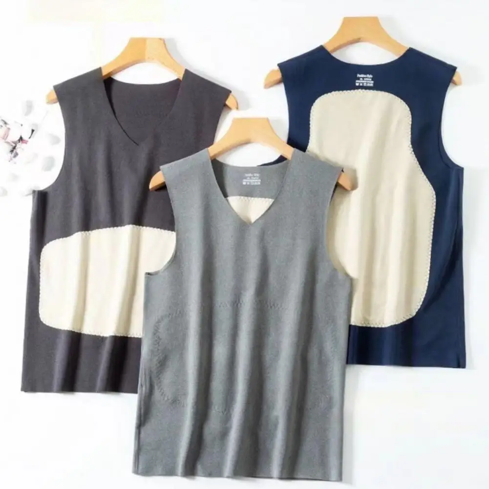 

Winter Vest Winter Men's Thickened V Neck Plush Belly Warming Tank Top Color Matching Patchwork Elastic Pullover Bottoming Vest