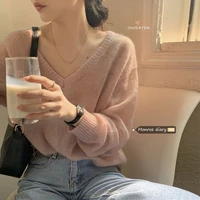 pink v neck lazy style long sleeve temperament sweater womens clothing early autumn thin sweater coat 2022 new top