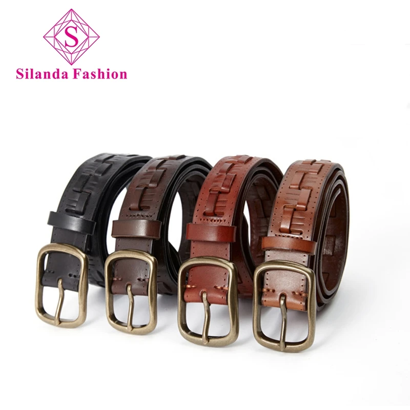 

Silanda Fashion Men's First Layer Cowhide Knitted Alloy Pin Buckle Jeans Belts Simple Boy's Genuine Leather Casual Waist Band