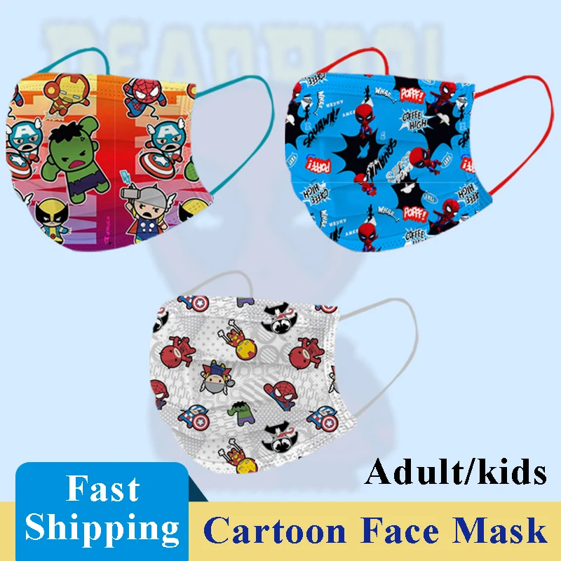 

50pcs Cartoon Disposable Face Masks Children Adult Protective Mascarillas Dustproof Mascara Individually Package Adult Spiderman